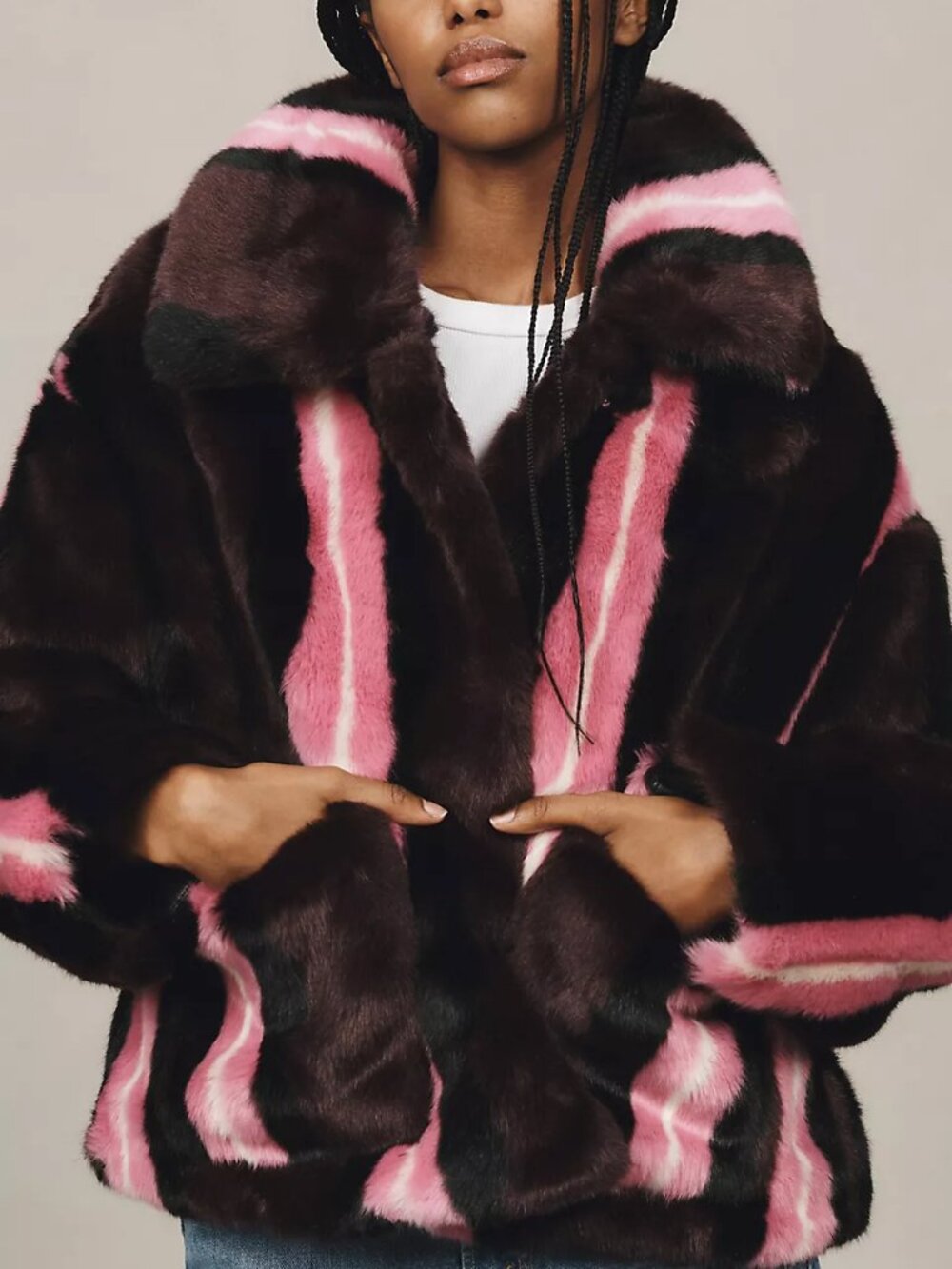 Jakke Faux Fur Pink Black Colourblock Jacket Size Large NWT $380
